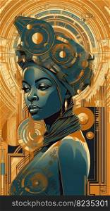 Illustration of an Afican woman and art deco, created as a generative artwork using AI.
