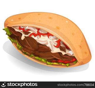 Illustration of an appetizing cartoon fast food kebab sandwich icon, with beef or sheep meat pieces, onions, salad, bell pepper for takeout restaurant. Kebab Sandwich Icon