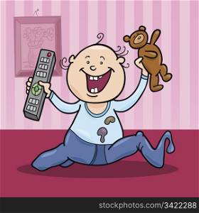 illustration of baby boy with remote control and teddy bear