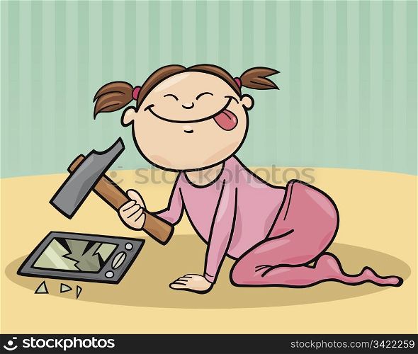 illustration of baby girl destroying the smartphone