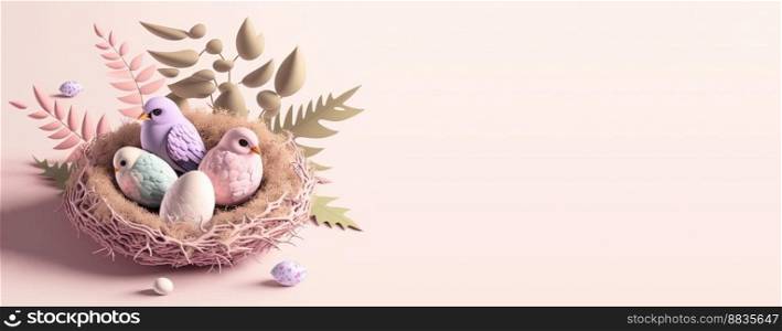 Illustration of background Easter day with eggs, nest, and copy space for banner