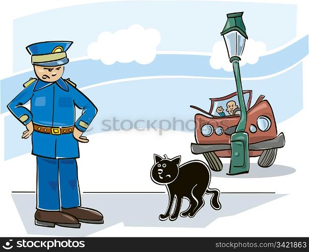 Illustration of black cat which caused car accident and angry policeman