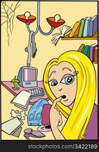 Illustration of blond teen girl and mess in her room