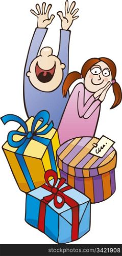 Illustration of boy and girl with gifts