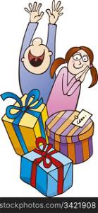 Illustration of boy and girl with gifts
