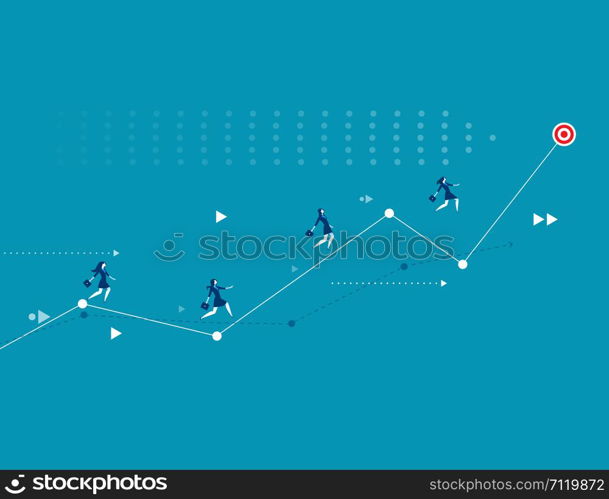 Illustration of businesswoman racing up arrow towards target. Concept business vector