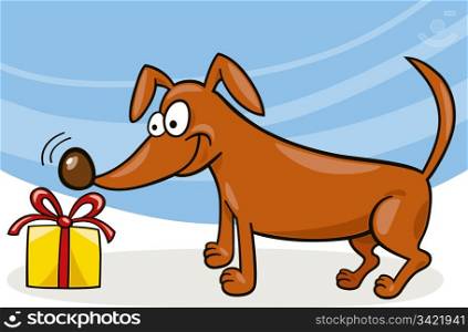 Illustration of cartoon dog and christmas gift