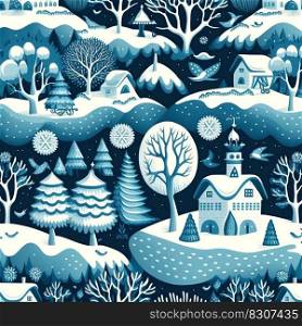 Illustration of cartoon winter landscape with snow, trees and cute buildings.. Illustration of cartoon winter landscape with snow, trees and cute buildings