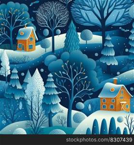 Illustration of cartoon winter landscape with snow, trees and cute buildings.. Illustration of cartoon winter landscape with snow, trees and cute buildings