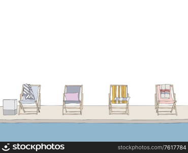 Illustration of chairs with towels near the pool - Social distance summer after coronavirus quarantine