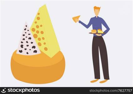 Illustration of cheese seller presenting a table of cheese