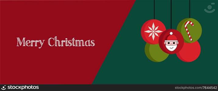 Illustration of Christmas banner, cover or greeting card with red and green elements and Merry Christmas quote