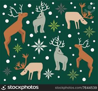 Illustration of Christmas pattern background with reindeers and snow flakes. Seamless graphic.