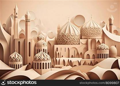 Illustration of city with mosque on the night of Ramadan Kareem. Neural network AI generated art. Illustration of city with mosque on the night of Ramadan Kareem. Neural network AI generated