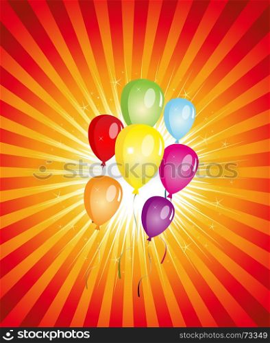 Illustration of colorful balloons party, with shiny sunbeams background for Happy New Year or any festive summer event or celebration. Summer Balloons Party !