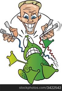 Illustration of crazy scientist and frightened frog