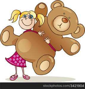 Illustration of cute girl with big teddy bear