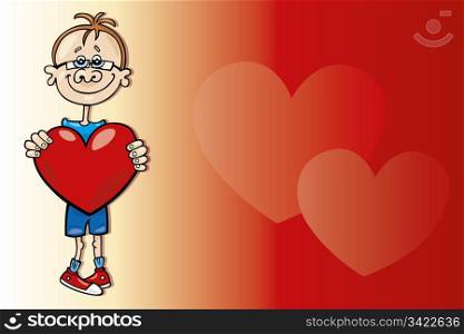 illustration of cute teen boy with big heart in his hands