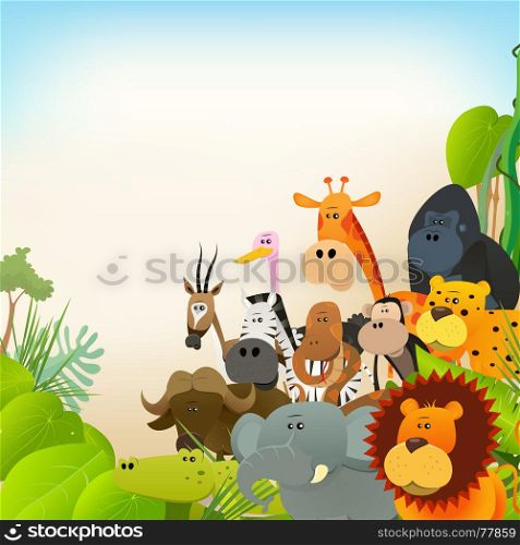 Illustration of cute various cartoon wild animals from african savannah, including lion, gorilla, elephant, giraffe, gazelle, monkey and zebra with jungle background. Wildlife Animals Background
