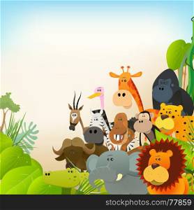 Illustration of cute various cartoon wild animals from african savannah, including lion, gorilla, elephant, giraffe, gazelle, monkey and zebra with jungle background. Wildlife Animals Background