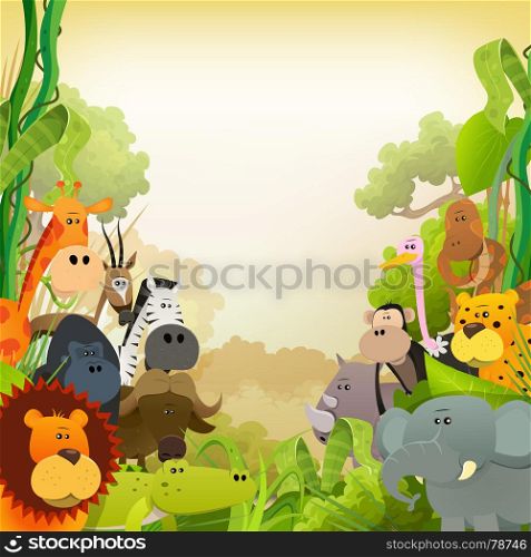 Illustration of cute various cartoon wild animals from african savannah, including lion, gorilla, elephant, giraffe, gazelle, gorilla monkey, ape and zebra with jungle background. Wildlife African Animals Background
