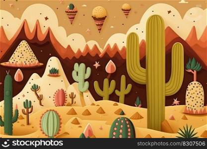 Illustration of desert with cactus on a background of mountains.. Illustration of desert with cactus on a background of mountains