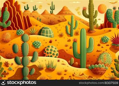 Illustration of desert with cactus on a background of mountains.. Illustration of desert with cactus on a background of mountains