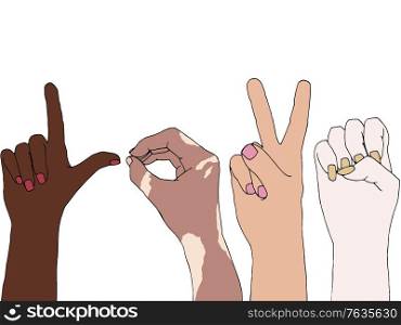Illustration of different skin people raising their hands for equality. Anti-racism concept