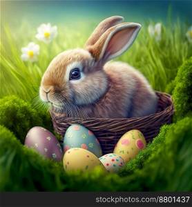 Illustration of easter cute bunny sitting in the wicker basket with color easter eggs put in green spring meadow.