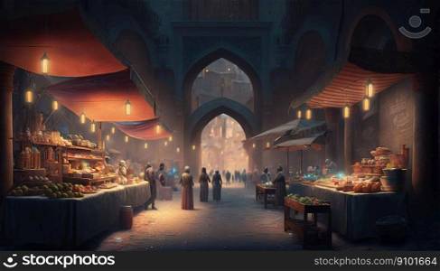 Illustration of eastern busy bazaar in the evening. Open shop and customers. Generative AI.. Illustration of eastern busy bazaar in the evening. Open shop and customers. Generative AI