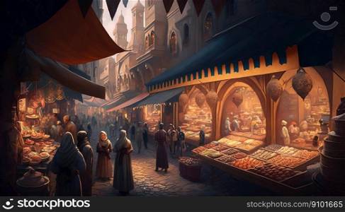 Illustration of eastern busy bazaar in the evening. Open shop and customers. Generative AI.. Illustration of eastern busy bazaar in the evening. Open shop and customers. Generative AI