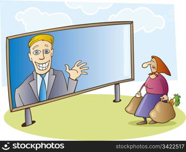 Illustration of election campaign billboard and old woman looking at it