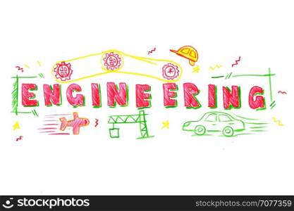 Illustration of ENGINEERING word in STEM - science, technology, engineering, mathematics education concept typography design in kid hand drawn style