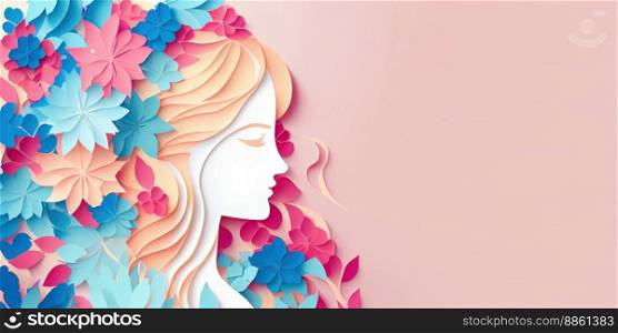 Illustration of face and flowers style paper cut with copy space for international women’s day