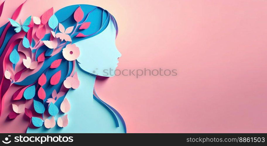 Illustration of face and flowers style paper cut with copy space for international women&rsquo;s day