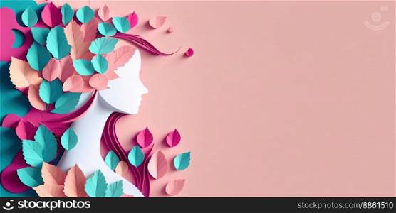 Illustration of face and flowers style paper cut with copy space for international women&rsquo;s day