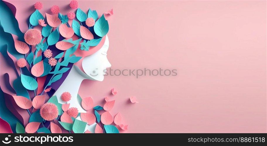 Illustration of face and flowers style paper cut with copy space for international women’s day