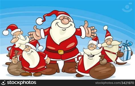 illustration of five santa clauses group
