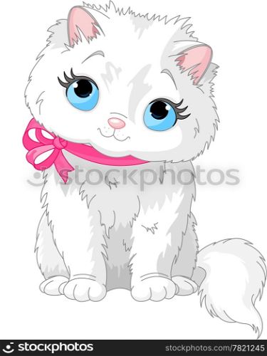 Illustration of fluffy white Cat with pink bow