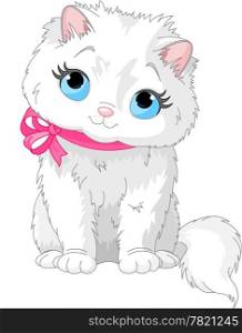Illustration of fluffy white Cat with pink bow