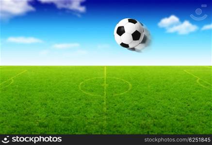 Illustration of football ball that flies over green field