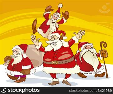 illustration of four santa clauses group