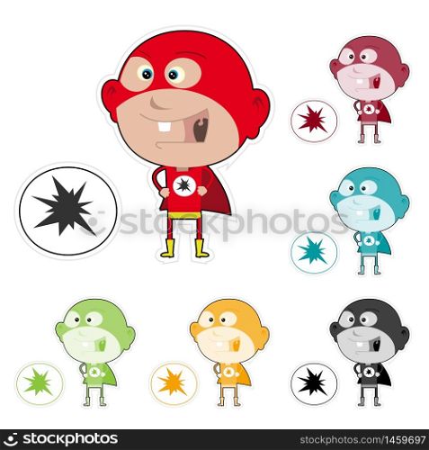 Illustration of funny cartoon super kid sticker with multiple colors. Super Kid Sticker