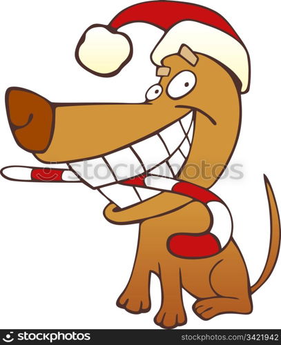 Illustration of funny santa claus dog with christmas cane