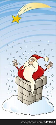 Illustration of Funny Santa Claus stuck in chimney on the roof