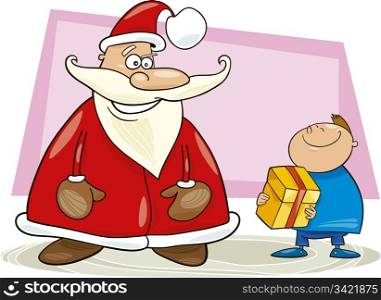 Illustration of funny santa claus with little boy and gift