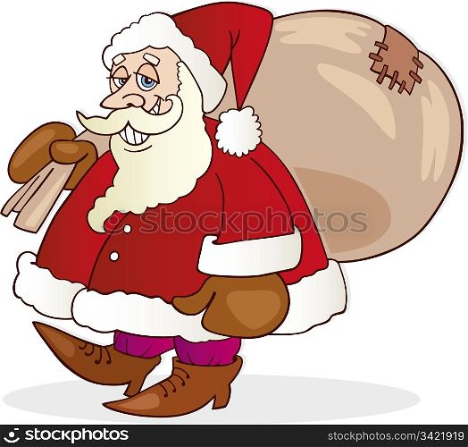 Illustration of funny santa claus with sack of gifts