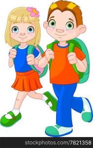 Illustration of girl and boy go to school
