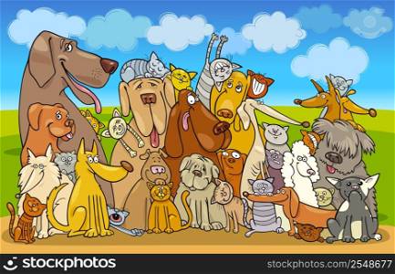 Illustration of group of Cats and Dogs against blue sky