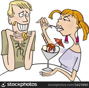 Illustration of guy and angry woman eating dessert